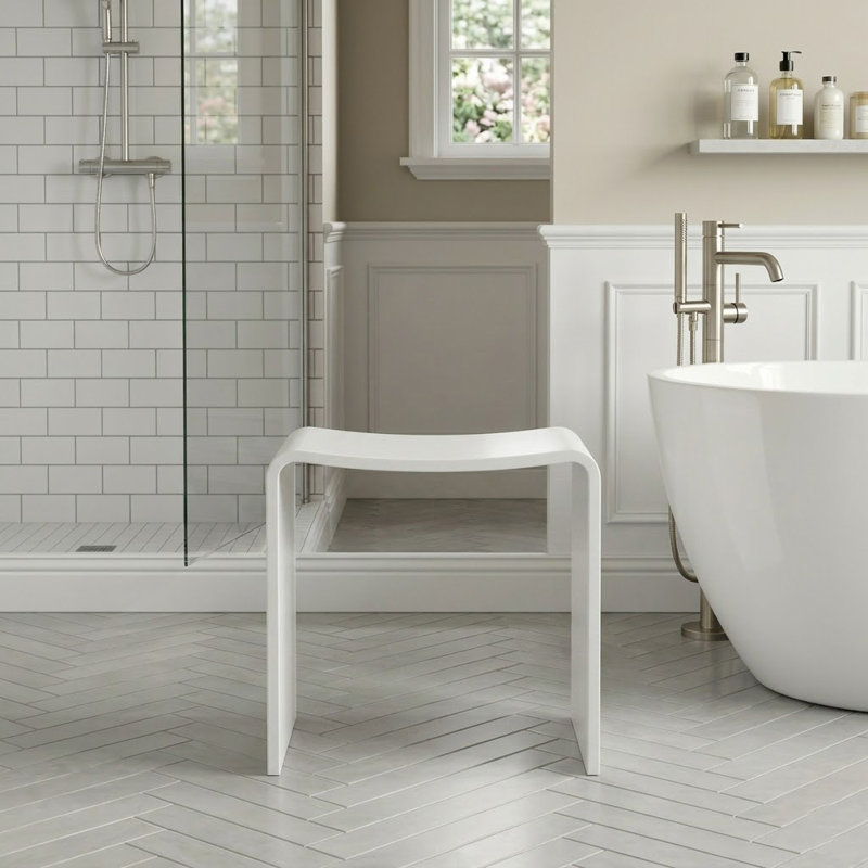 Solid Surface Shower Bench Stool Matte White, White