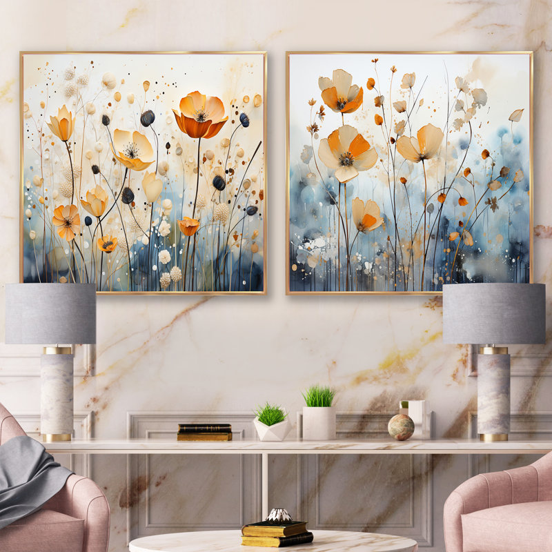 «Beige Minimalist Blossoms - Abstract Botanicals Square», ensemble de 2 collages carrés, Cadre flottant doré