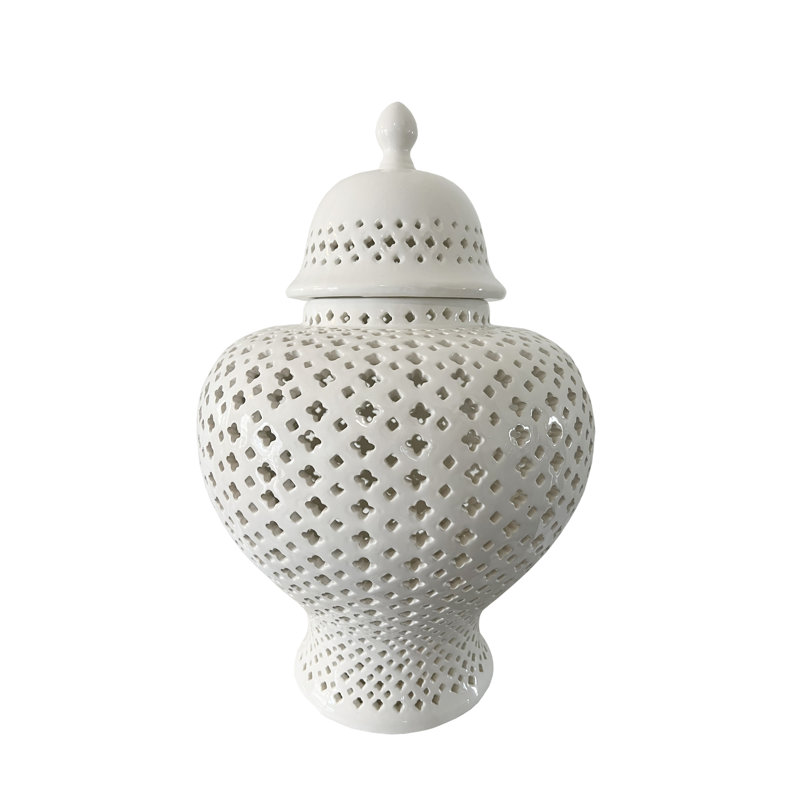 Ella Glamorous White Ceramic Ginger Jar, 19" H x 12.5" W x 12.5" D