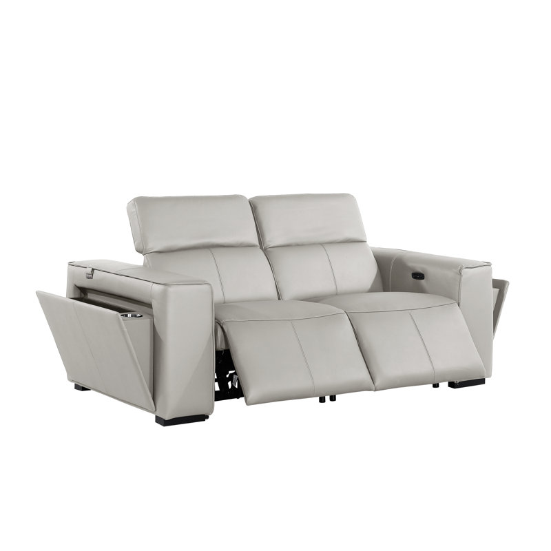Top Grain Italian Leather Modular Power Dual Reclining Loveseat With Power Headrests, Light Gray