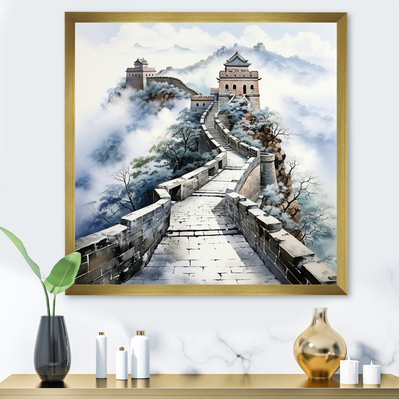 Grande muraille de Chine paysage II - art mural Chine, Cadre doré simple, H 16 po x l 16 po x P 1 po