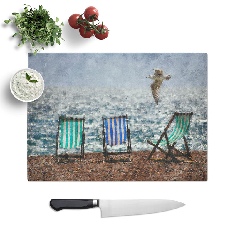 Seagull over Brighton Beach Deckchairs Chopping Board, 0.4cm H x 28.5cm W x 39cm L