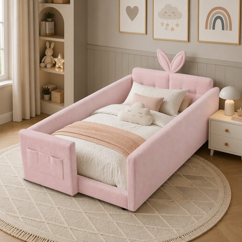 Lit plateforme tapissier simple avec tête de lit en forme d'oreille de lapin mignon, avec barre de sécurité et poche, tissu bouclé