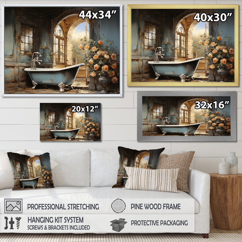 «Bathroom Vintage Elegance II», impressions sur toile de salle de bain, Cadre flottant doré, H 24 po x l 32 po x P 1 po