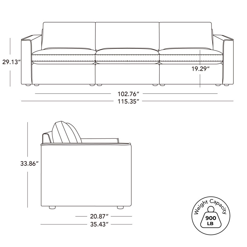 Canapé modulaire rembourré 3 pièces Luxe, Lin Milo