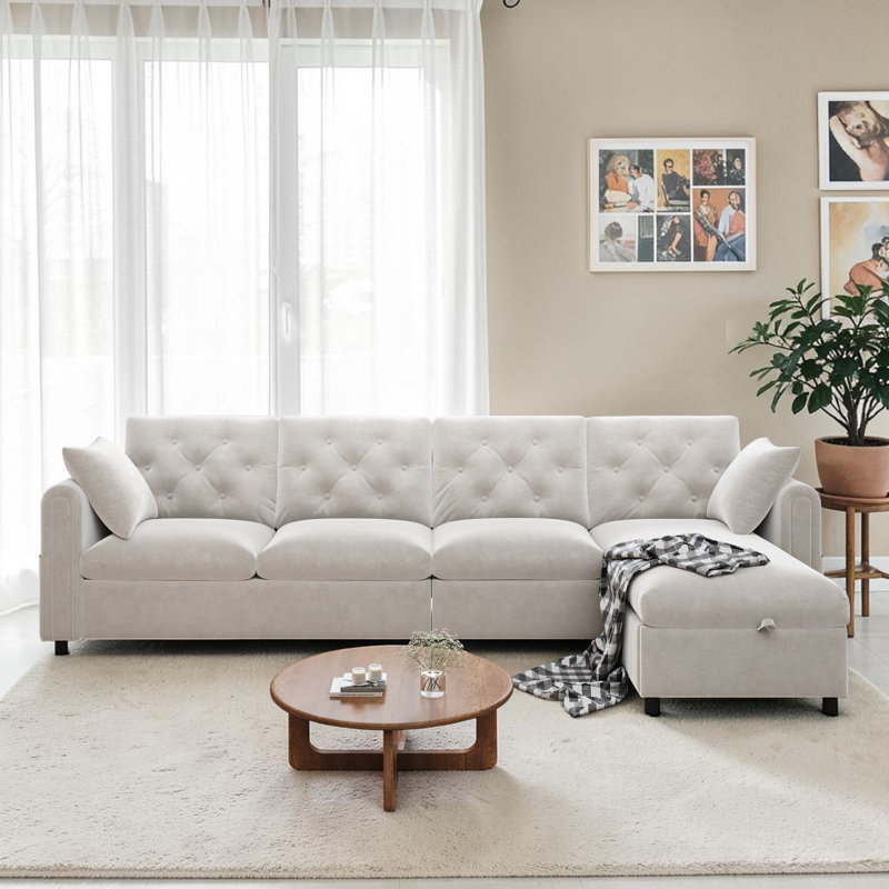 4 Seater Velvet Sofa & Chaise, Beige Velvet