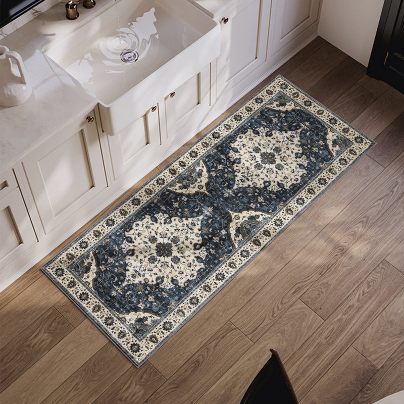 Machine Washable Vintage Oriental Area Rug Non-Slip Backing Navy Blue/Beige/Gold Indoor Carpet for Living Room, Bedroom, Hallway Runner