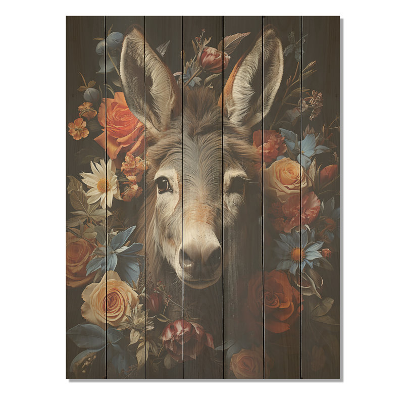 Joli âne avec des fleurs de couleur en harmonie - âne sur bois, H 40 po x l 30 po