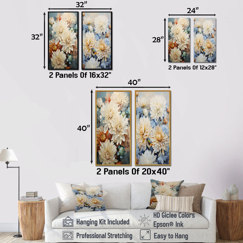 Minimalisme Blooming Mums, peinture en bleu et or - ensemble de 2 impressions sur toile de mamans, H 32 po x l 33 po