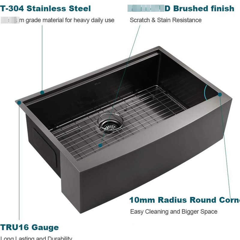 Matte Black Kitchen Sink, 33" - Scratch , With X-Shaped Diversion Water Design And Roll Mat For Durability Sink 33", Gunmetal Stainless Steel To Stains, Scratches, Heat, Drain Accessory Kit