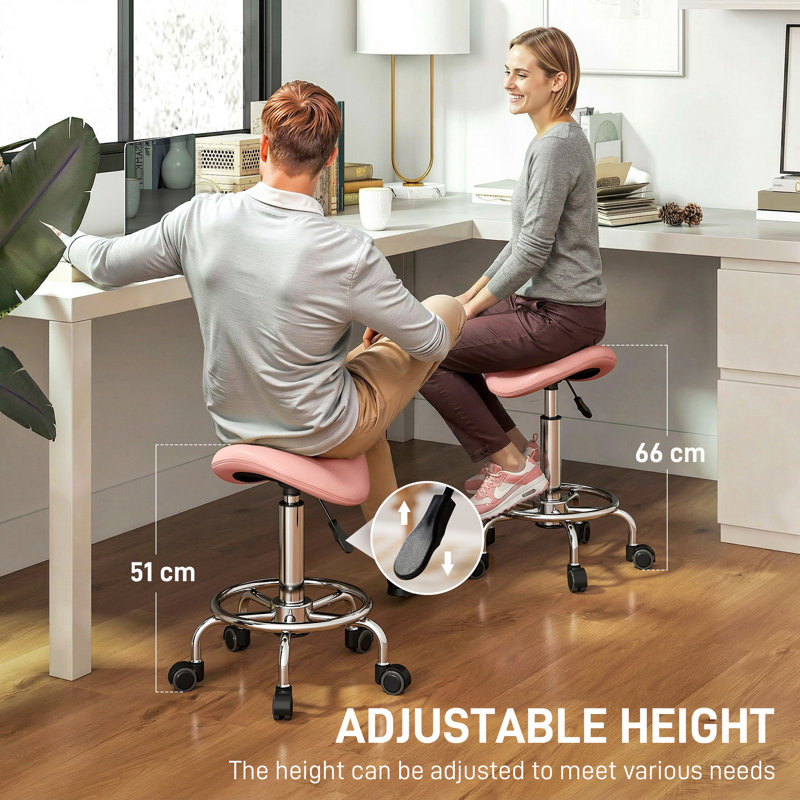 HOMCOM Saddle Chair Rolling Salon Stool for Massage Spa, Pink