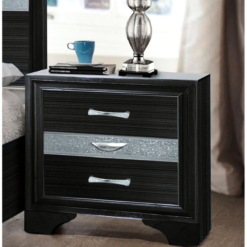 3 tables de chevet noires avec mécanisme coulissant en métal et rangement pour bijoux Chambre à coucher moderne 2 tiroirs 1 compartiment