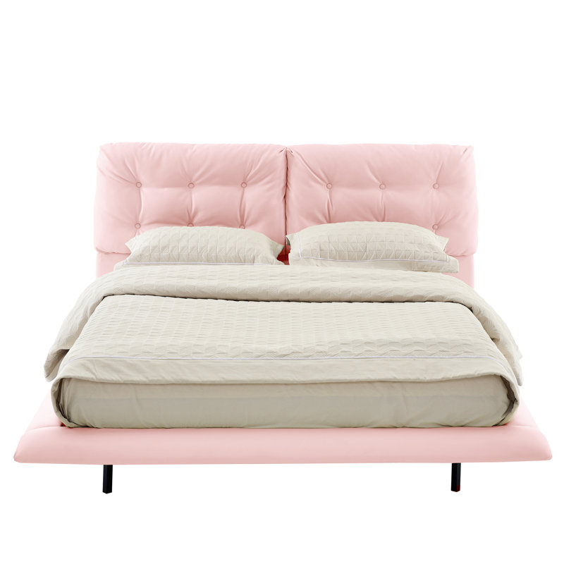 Grand lit plateforme en cuir PU avec tête de lit capitonnée, lumières DEL, sans sommier, facile à assembler, rose, Rose