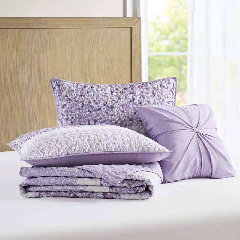 Ensemble de courtepointe et jetée en seersucker 4 pièces pour lit double / grand, trois motifs floraux, taille de rembourrage avec aspect, microfibre imprimée, rembourrage, lavable à la machine