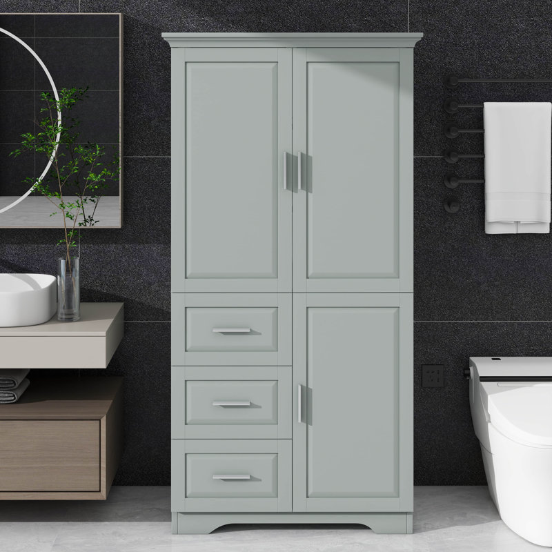 Armoire de rangement spacieuse et haute avec portes, convenant à la salle de bain / bureau, comprenant trois tiroirs, Gris