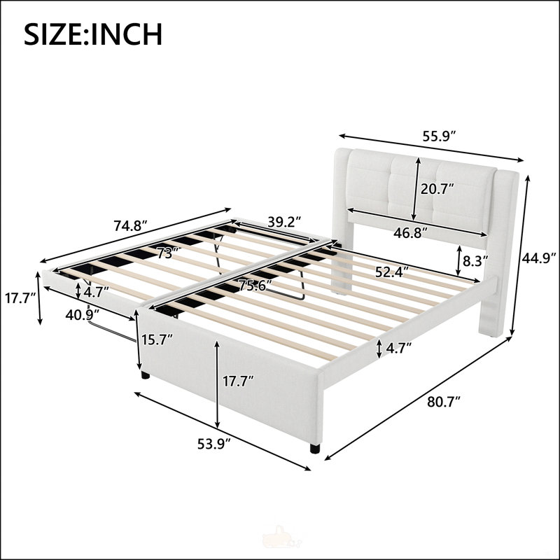 Lit plateforme double avec lit gigogne polyvalent, beige, peu encombrant et élégant pour les chambres à coucher modernes