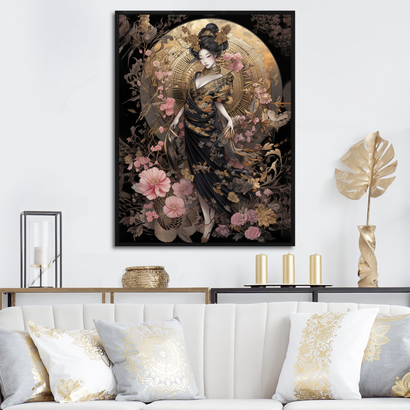 Élégante femme japonaise III - art mural femme au Japon, H 32 po x l 24 po x P 1 po, Cadre flottant noir