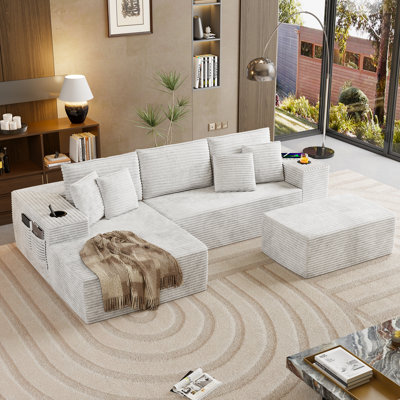 Ensemble de canapé modulaire à compression avec chargeur USB, repose-pieds et porte-gobelets, confort semblable à un nuage, tissu sans cordon noir, aucun assemblage requis