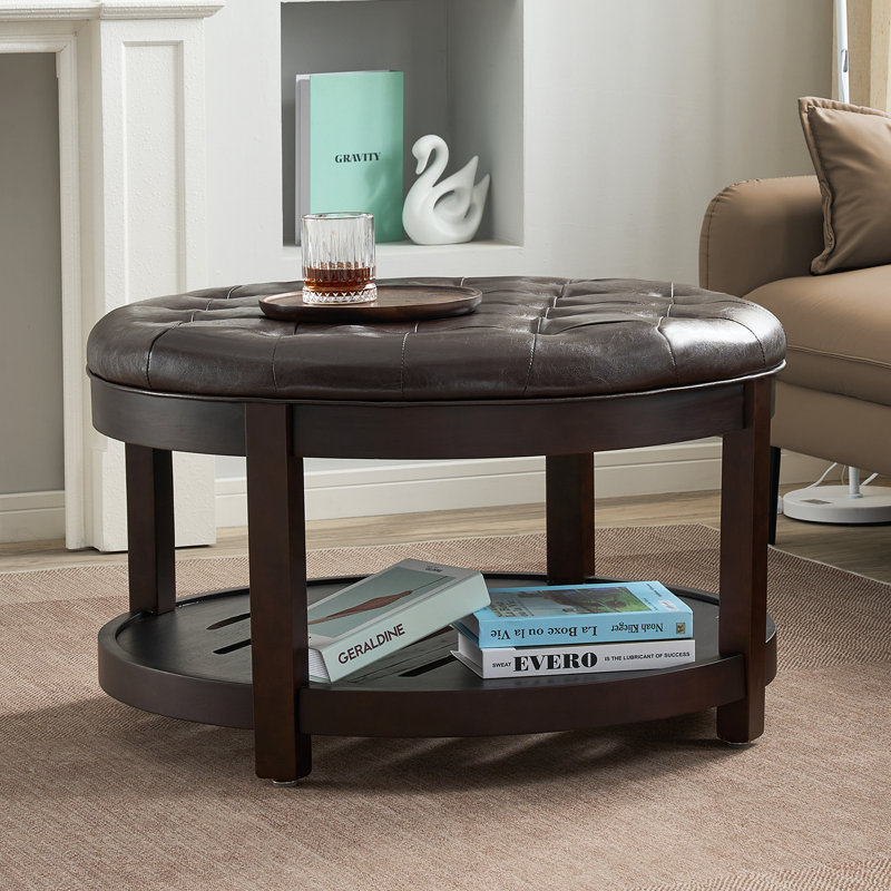 Farmhouse Upholstered Storage Tufted Ottoman with Free Tray, Dark Brown Faux Leather