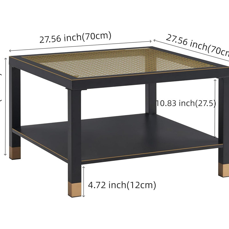 Table basse industrielle carrée - Structure en acier et plateau en verre maillé, Yellow Top/Black Base