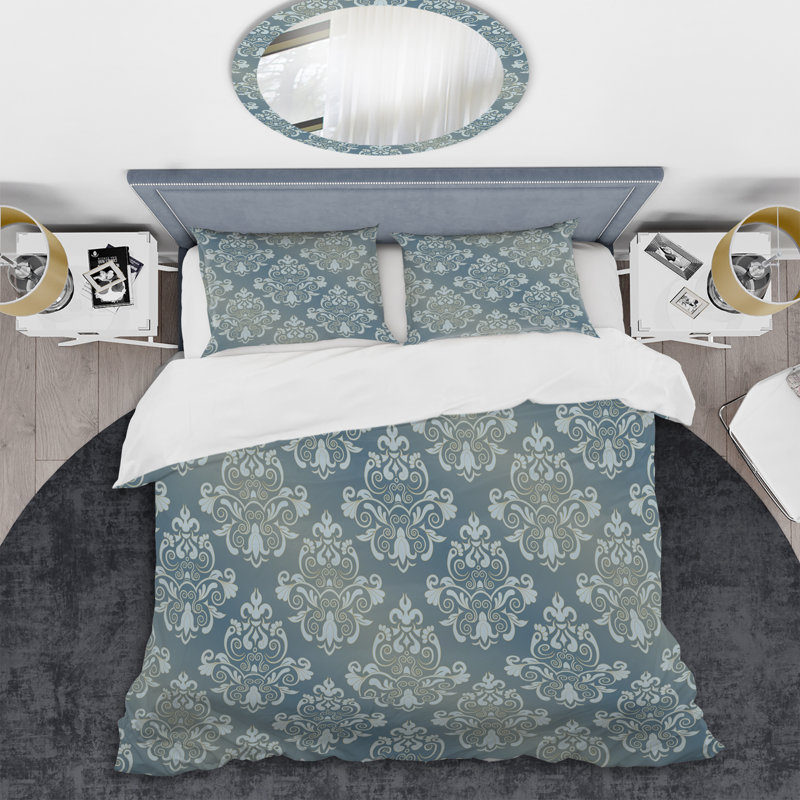 Grey Damask - Abstract Duvet Cover Set - Microfiber Polyester, Queen Duvet Cover + 3 Shams