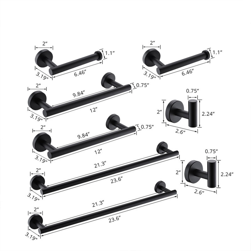 Stainless Steel Wall Mounted Bathroom Hardware Set (8 pcs), Black
