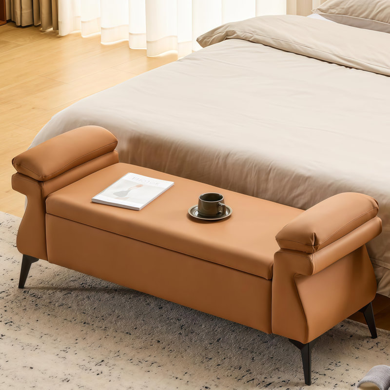 Upholstered Flip Top Storage Bench with Armrest, End of Bed Bench with Metal Legs for Living Room, Bedroom, Entryway, Brown