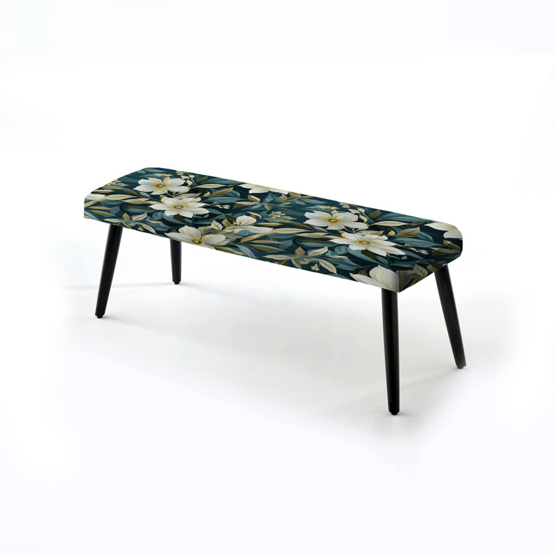 Banc rembourré floral noir Truong, White Green Vintage Cottage Flowers