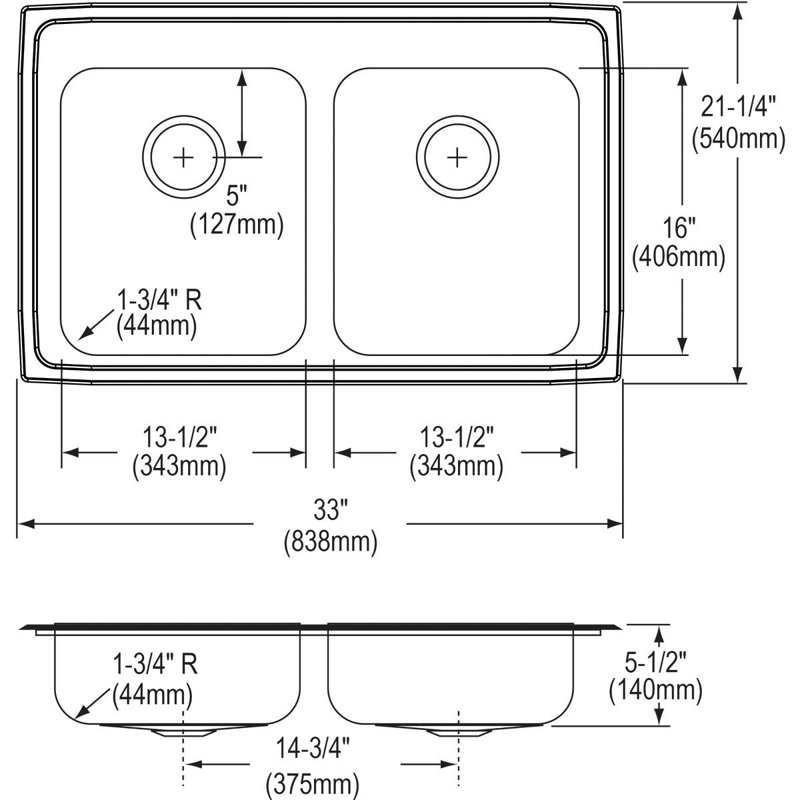 Évier de cuisine à double cuves l 33 po x l 21 po Lustertone