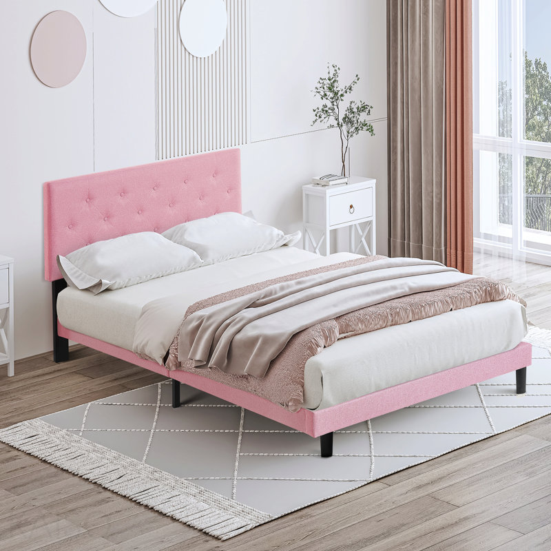 Cadre de lit plateforme grand tapissier avec tête de lit en lin capitonné moderne, Queen, Pink