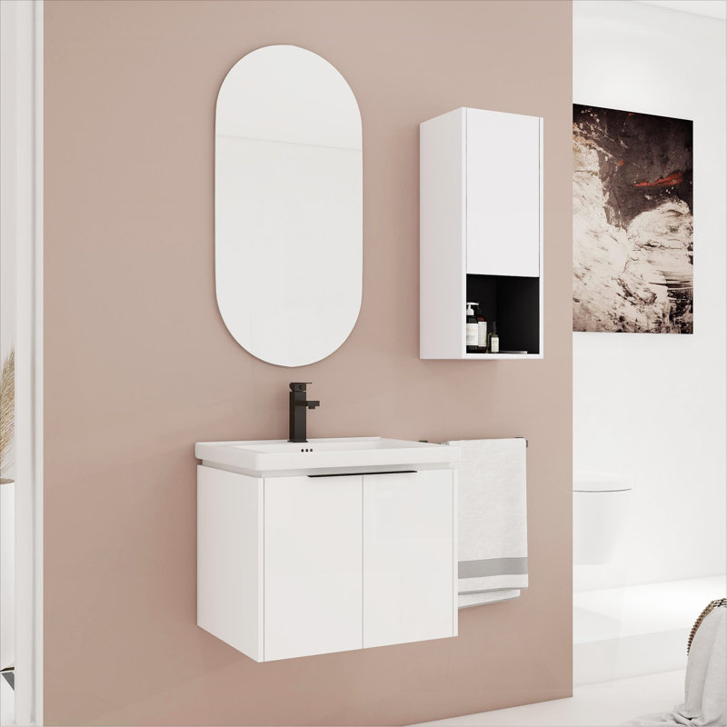 Meuble-lavabo mural 24 po avec lavabo en céramique, armoire latérale et portes à fermeture en douceur