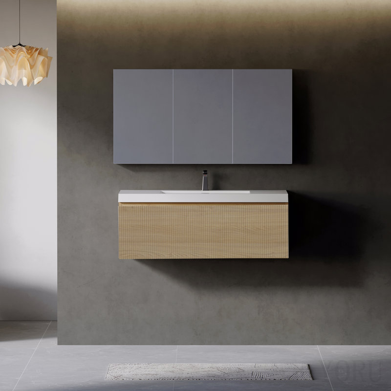 Meuble-lavabo mural 42 po avec lavabo flottant et surface en chêne blanc brillant entièrement assemblé