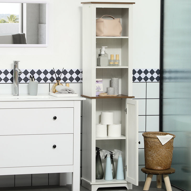 White Bathroom Linen Storage Cabinet With Triple Open Shelves, Freestanding Tower Adjustable Shelf And Door For Towels, Cleaning Products Slim Shelves Door, Products, Hygiene Items