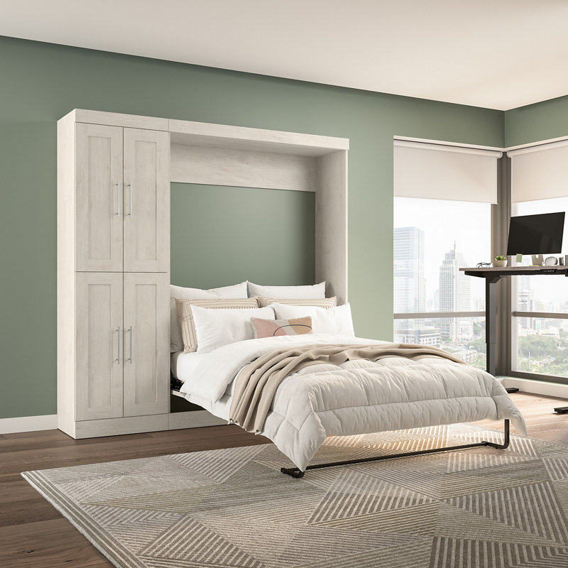 Arlex Wall Bed with Storage Unit with Doors, Linen White Oak, Full