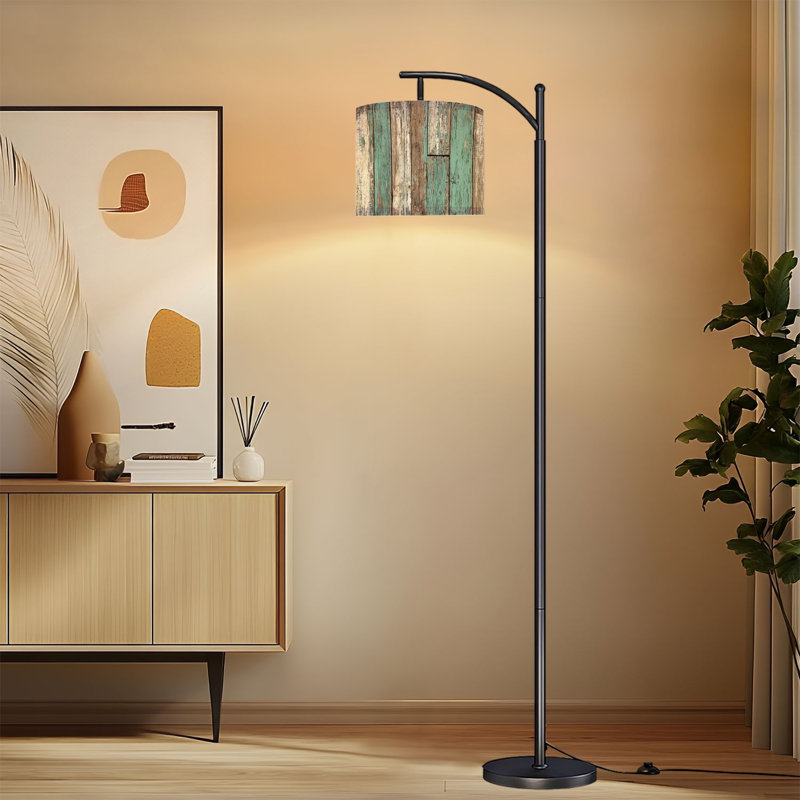Lampe sur pied Arc avec abat-jour réglable Planche de bois rustique Lampe sur pied blanc sarcelle vieilli 3 températures de couleur à intensité variable pour poteau avec interrupteur au pied pour la chambre à coucher