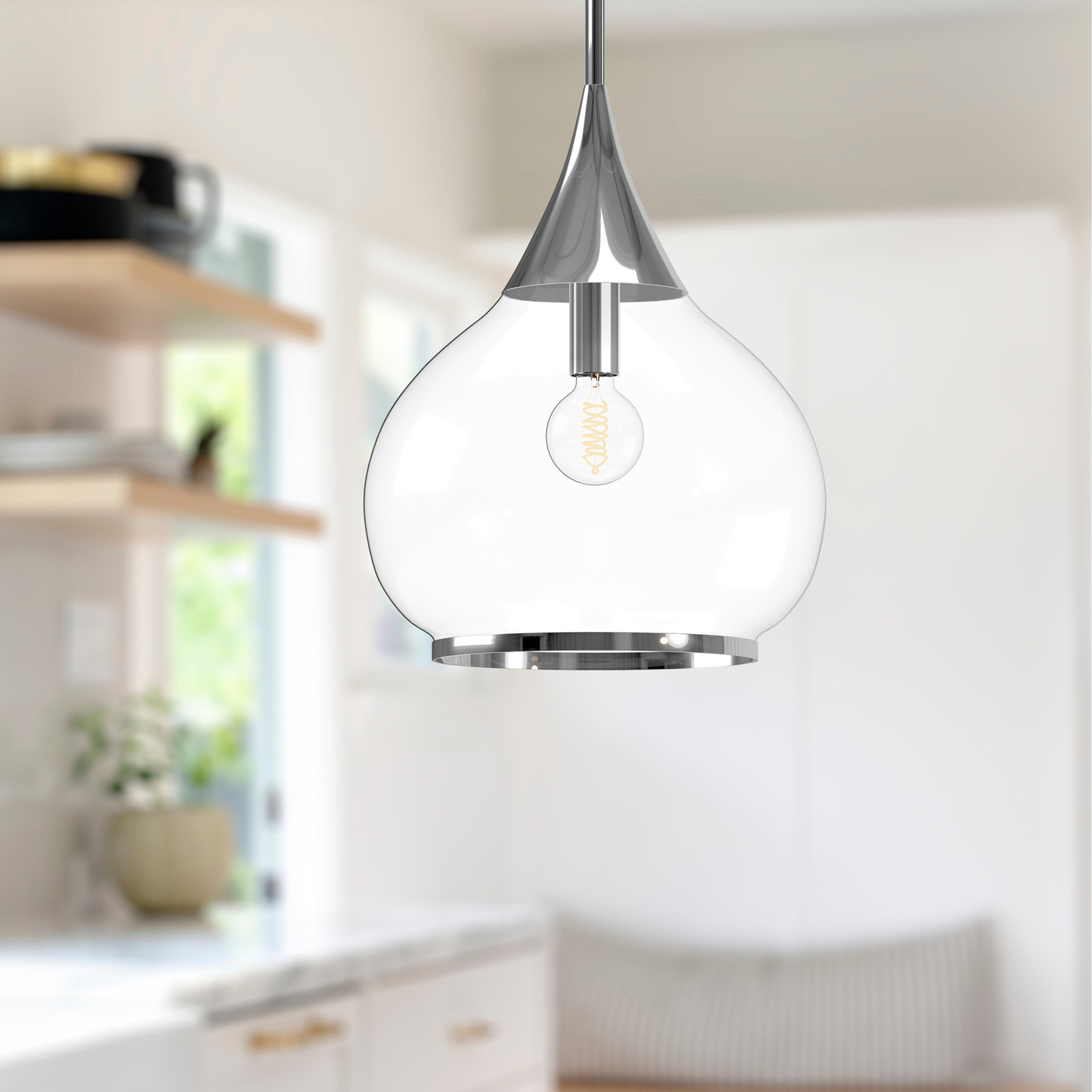 Hazel Single Light Glass Pendant, Chrome, Clear, 68" H x 14" W x 14.13" D