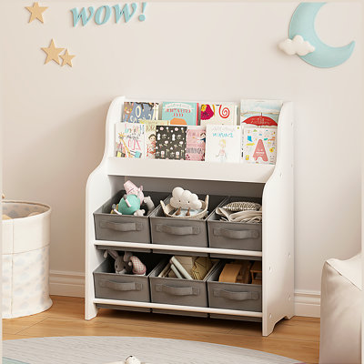 Kids Bookshelf with 6 Fabric Storage Bins, Multi-Functional Children's Bookcase and Toy Organizer, Front-Facing Display Shelf