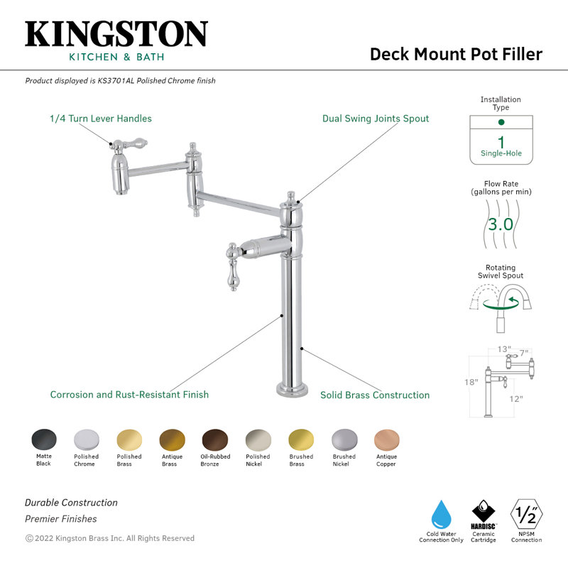 Kingston Brass Restoration Two-Handle 1-Hole Deck Mount Pot Filler Faucet, Matte Black