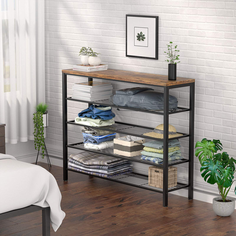 Spacieux étagère à chaussures industrielle à 5 niveaux 36,6 po x 39,4 po x 11,8 po - Cadre en métal robuste et réglable, panneau supérieur en bois, idéal pour le couloir, grand