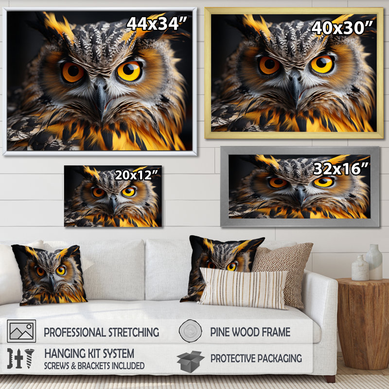 «Yellow Owl Wise Portrait I», reproduction sur toile, H 30 po x l 40 po x P 1,5 po, Cadre flottant noir