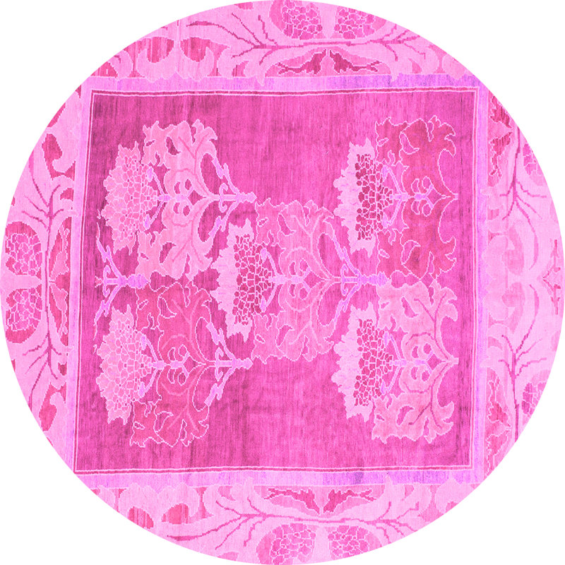 Tapis rose en laine et polyester tissé à la machine à motif abstrait Schweinzger, Rond 4 pi