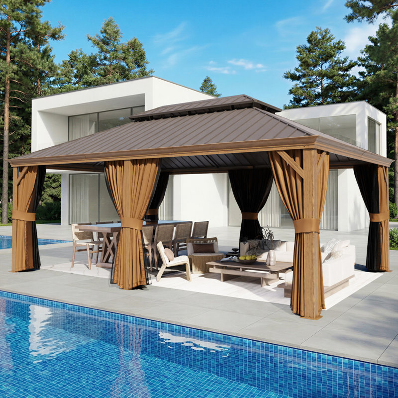 20 Ft. W x 14 Ft. D Aluminum Hardtop Gazebo with Double Roof, Curtains & Mosquito Netting, 20 Ft. W x 14 Ft. D