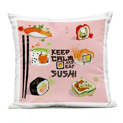 Keep Calm & Eat Sushi Design by Juliet Rose Philips Outdoor Printed Pillow