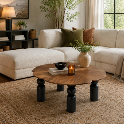 Kensington Large Clover Shape Coffee Table, Modern Low-Profile Cocktail Table with Turned Pedestal Legs, Walnut/Black