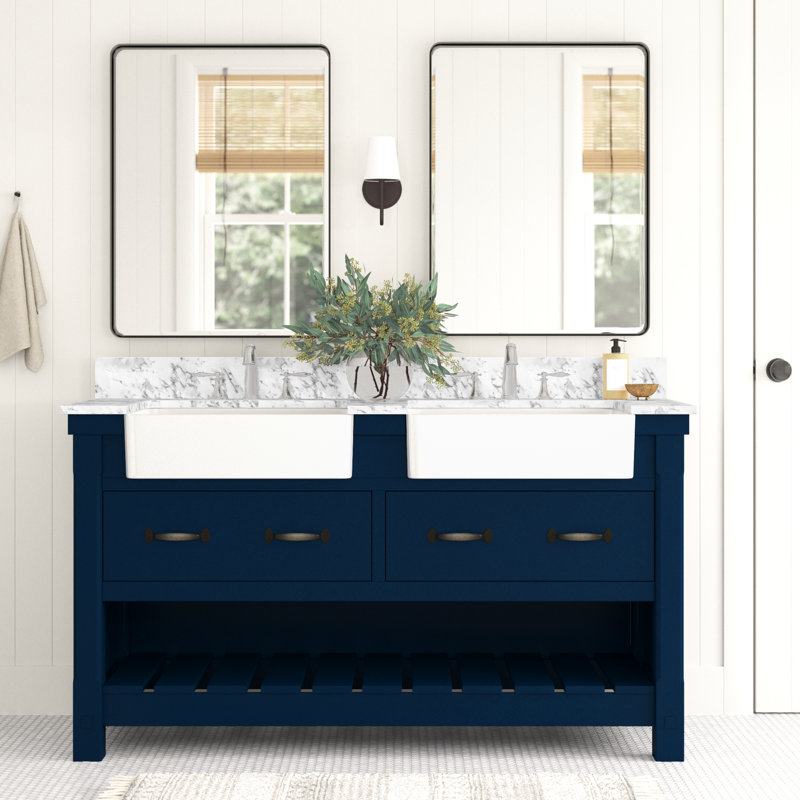 Arianys 60'' Double Bathroom Vanity with Marble Top, Navy Blue