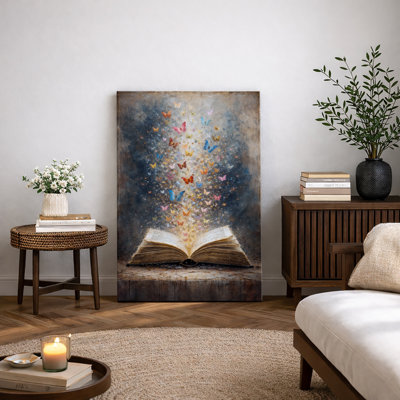 Magical Open Book with Colourful Butterflies Fantasy Artwork, Dreamy Reading Room Pictures, Framed Canvas Giclee Print Wall Art