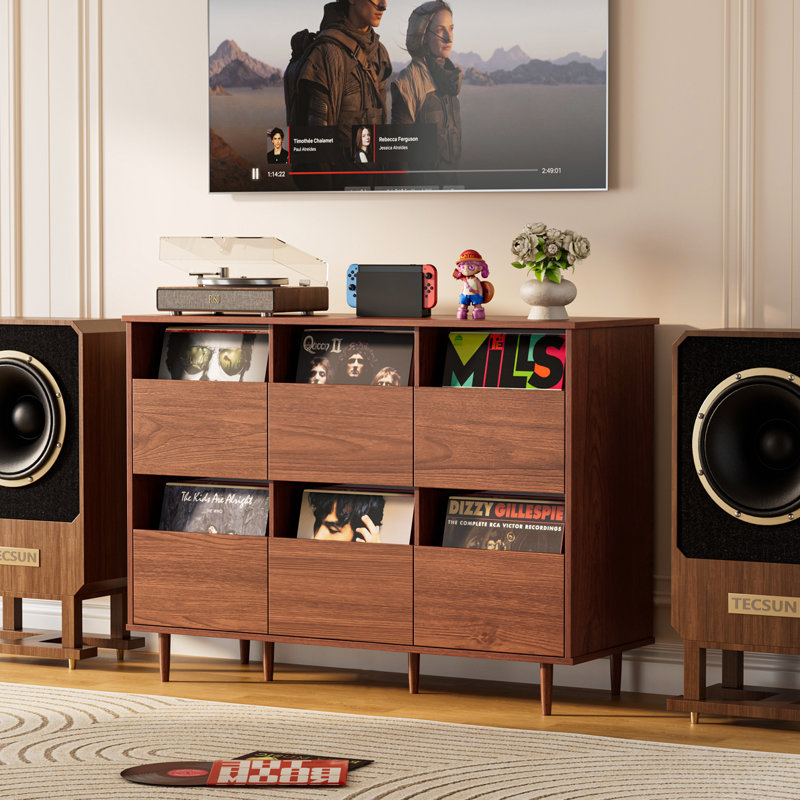Grand support de tourne-disque à 2 niveaux avec rangement en vinyle, armoire de rangement pour disques, support pour tourne-disque Mid-Century, rangement pour disques vinyles avec tablettes pour chambre à coucher, salon, bureau (noyer)