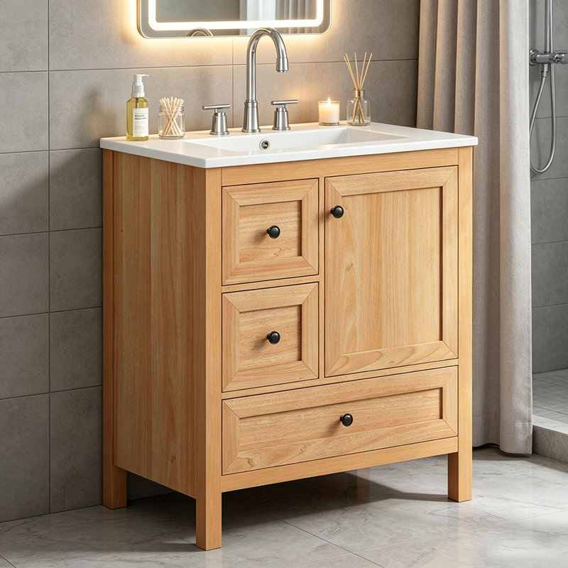 Meuble-lavabo de 30 po à grain de bois avec lavabo en céramique, pieds en bois massif, tablette réglable et porte et tiroir à fermeture en douceur, support de rangement, dossier ouvert