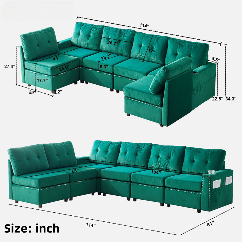 Canapé modulaire avec rangement, Velours vert