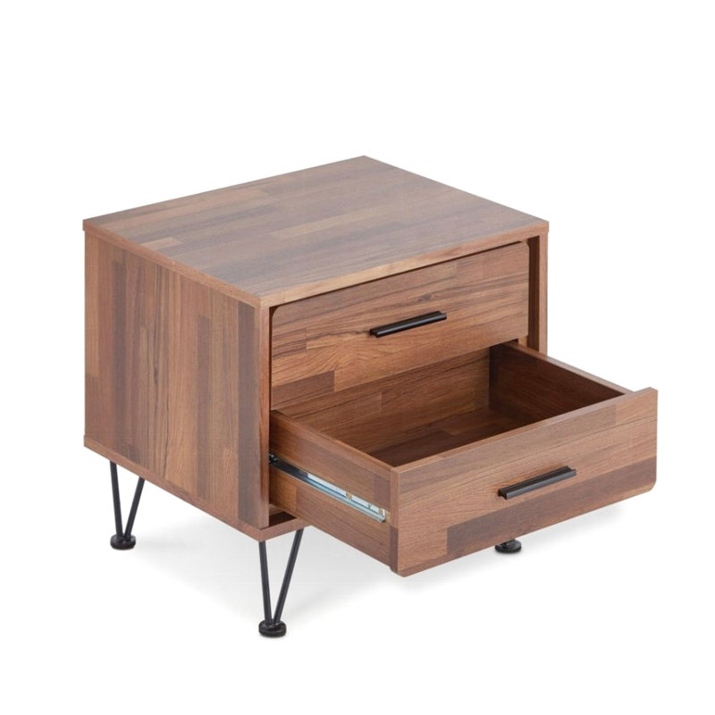 Table de chevet rectangulaire en noyer avec 2 tiroirs et pieds en métal